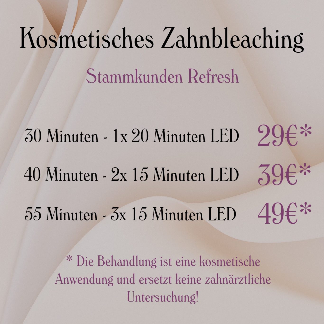 Refresh-Angebot Stammkunden - Refresh Angebot kosmetisches Zahnbleaching, innerhalb von 3 Monaten.